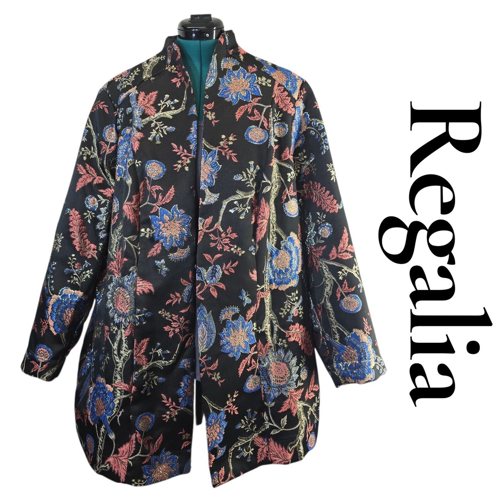 Regalia Jacket Women 24W Black Floral Metallic Brocade Open Front Luxury Elegant